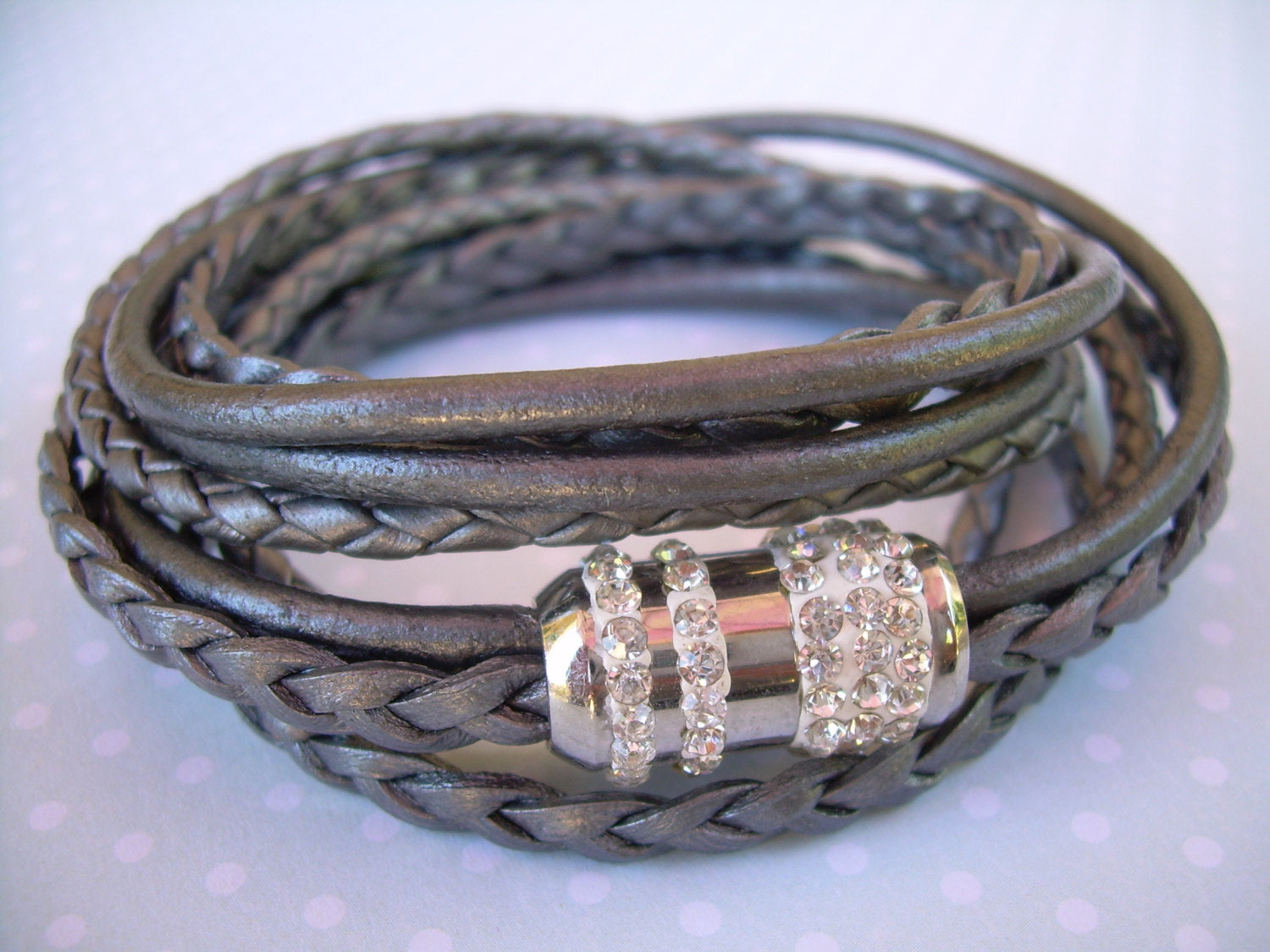 Women's triple wrap leather bracelet with metallic pearl finish, stainless steel magnetic rhinestone clasp, fits 6-inch wrist.