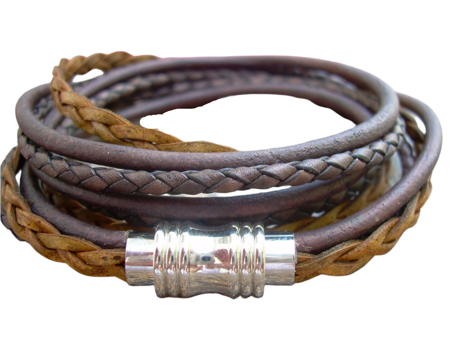 Leather men's bracelet with stainless steel magnetic clasp, wrap style, suitable for women and men, stylish jewelry for Fathers Day.