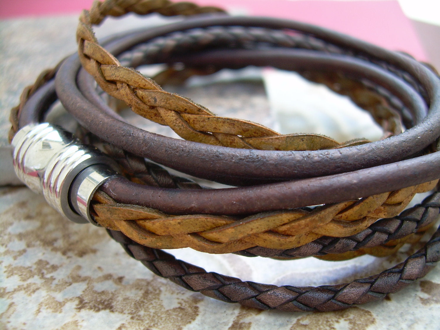 Leather men's and women's wrap bracelet with stainless steel magnetic clasp, urban style, fits a 6-inch wrist, versatile jewelry piece.
