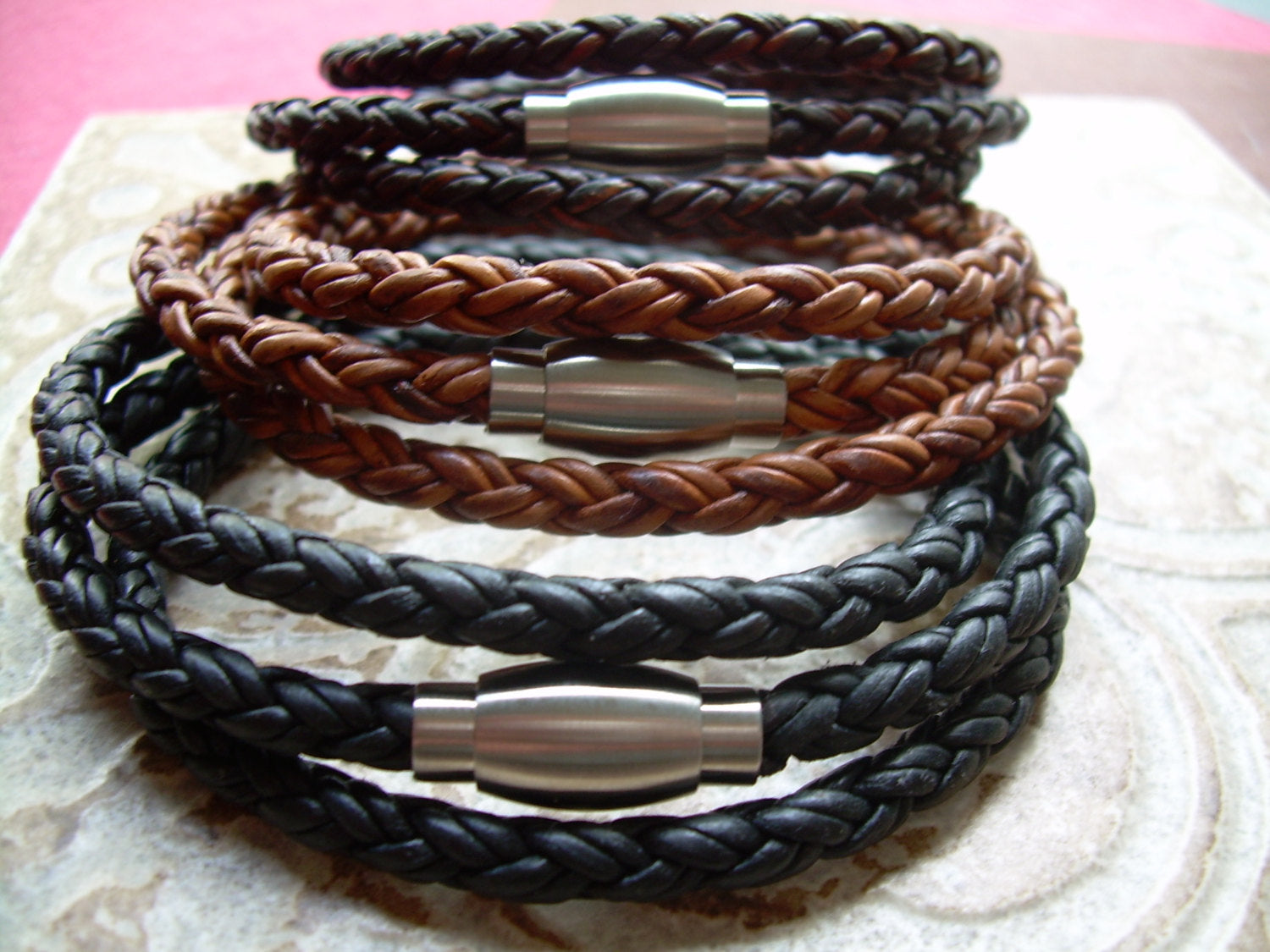 Light brown leather triple wrap bracelet with brushed stainless steel magnetic clasp, designed for a 6-inch wrist by Urban Survival Gear USA.