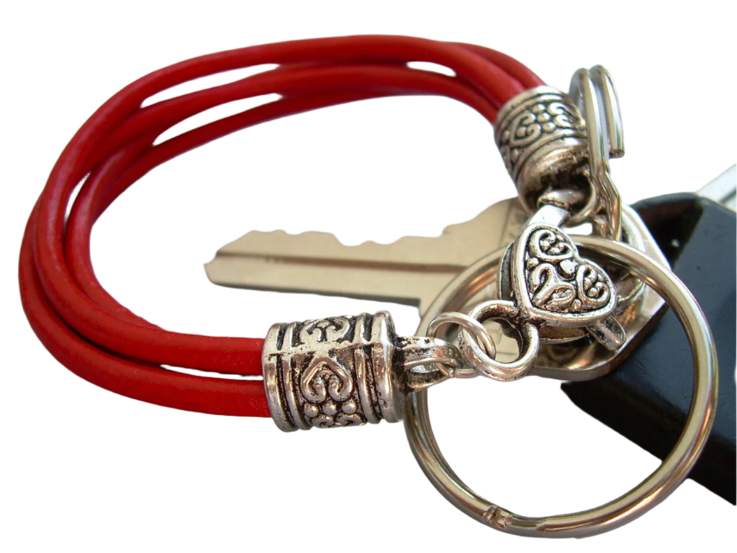 Red leather wristlet bracelet and valet keychain by Urban Survival Gear USA, designed to fit a 6-inch wrist.