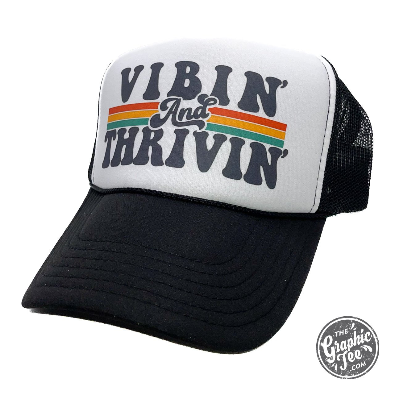 Foam trucker cap with "Vibin' and Thrivin'" slogan, featuring adjustable snapback closure and breathable mesh back.