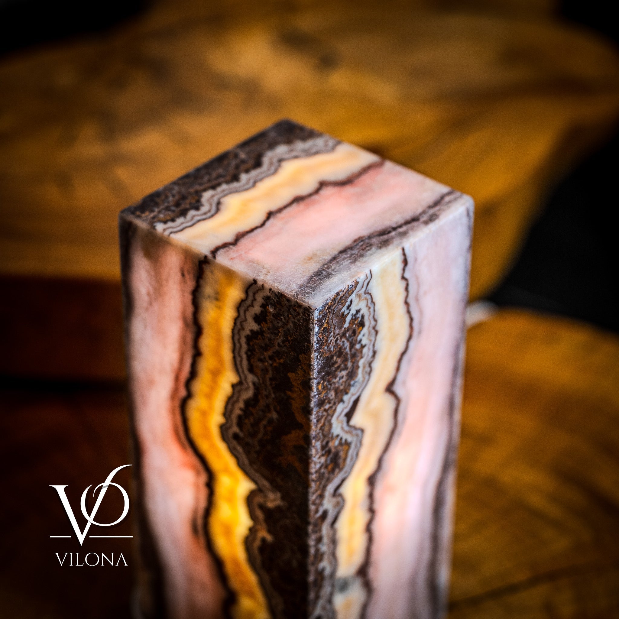 Vilona Onyx Razzberry Rosa Onyx desk lamp with a vibrant pink and red glass shade, modern table lamp design.