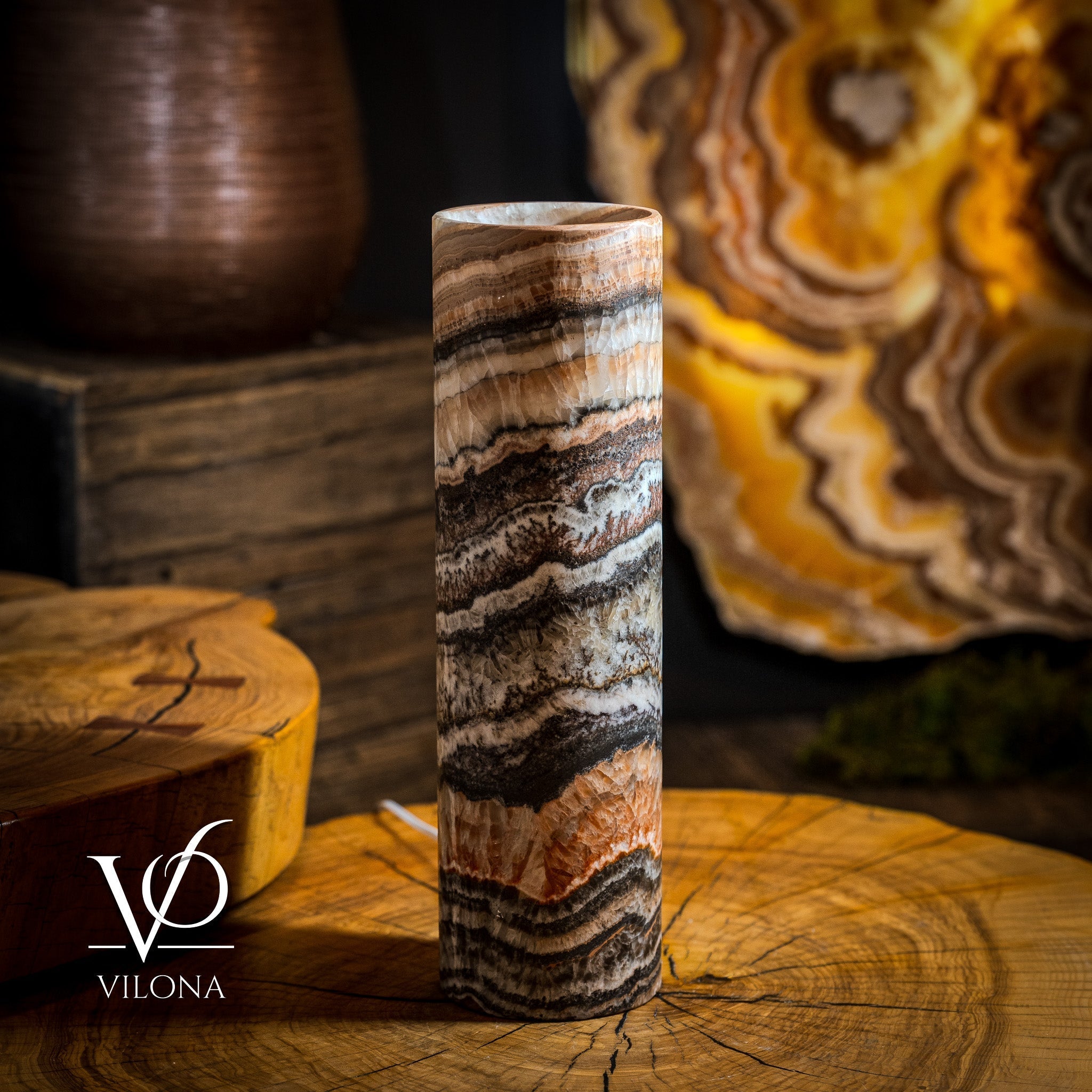 Vilona Onyx Tangerine Crystal desk lamp with onyx base and vibrant tangerine-colored crystal accents.
