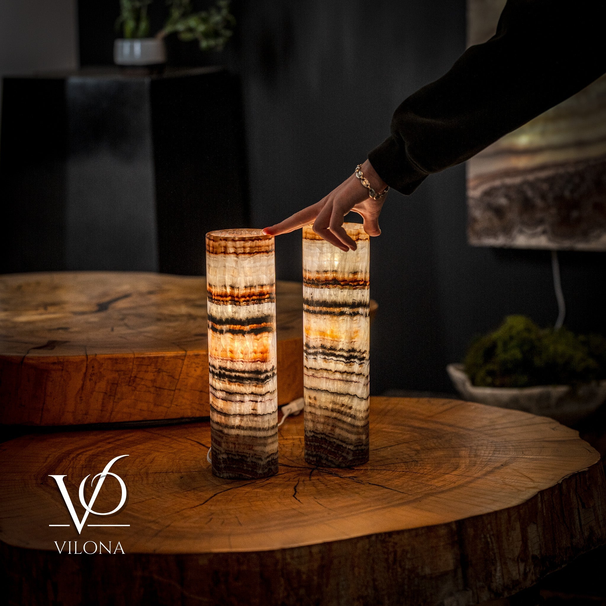 Pair of Vilona Onyx Tangerine Crystal desk lamps featuring onyx bases and vibrant crystal accents, perfect for elegant home lighting.