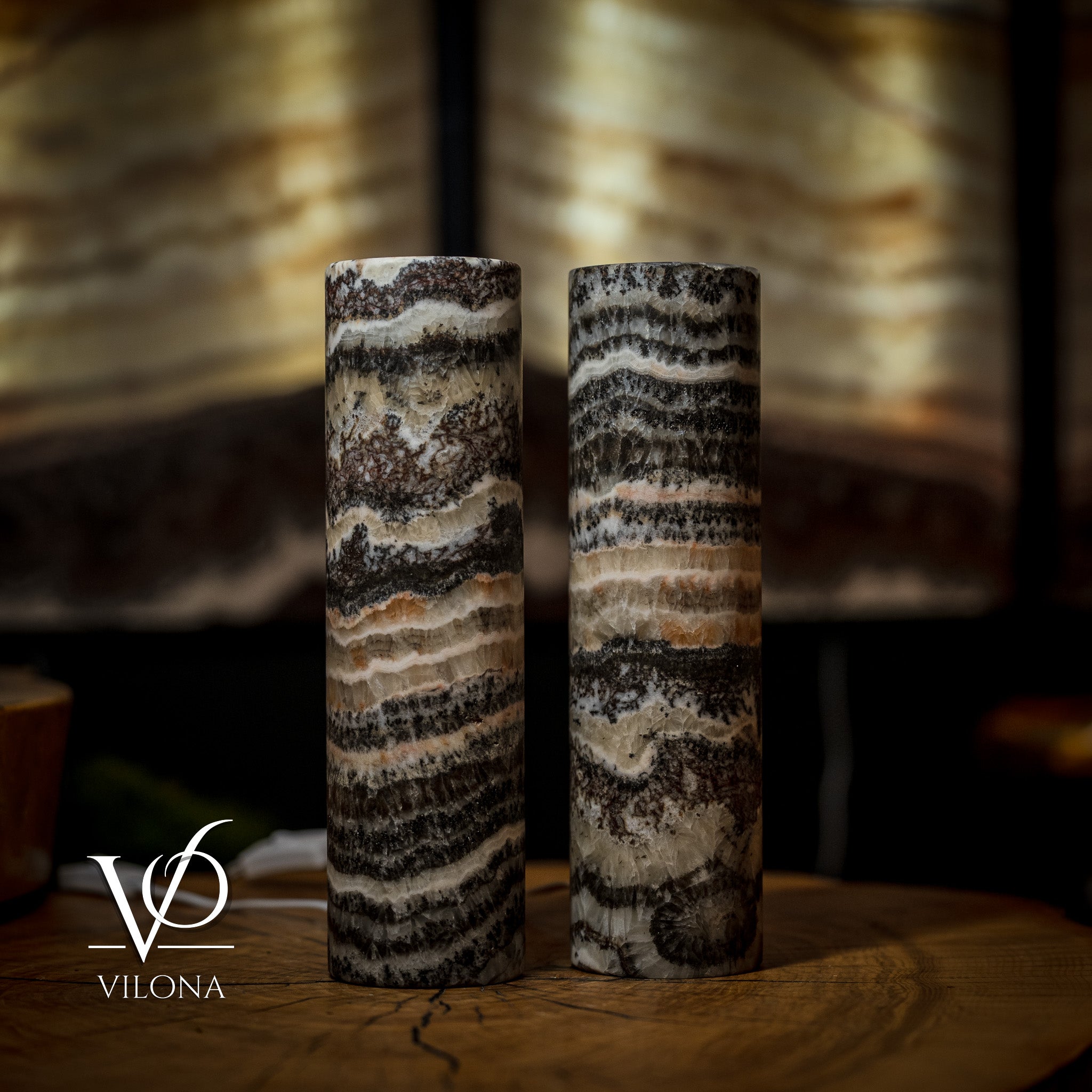 Pair of Vilona Onyx Tangerine Crystal desk lamps featuring vibrant crystal accents and sleek black bases.