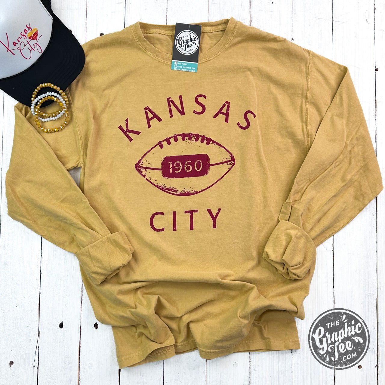 Vintage KC Football long sleeve graphic tee by The Graphic Tee featuring artisan gold design and comfortable wash finish.
