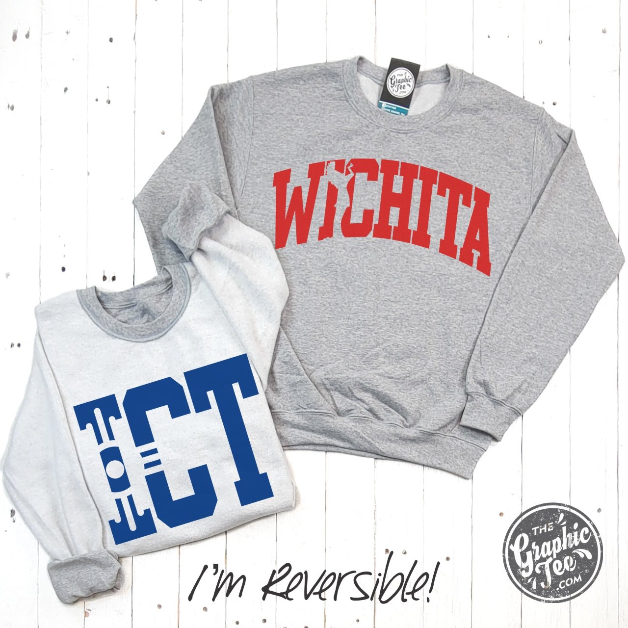 Reversible Sport Grey Crewneck Sweatshirt by The Graphic Tee, featuring a casual fit and graphic design on the front and back.