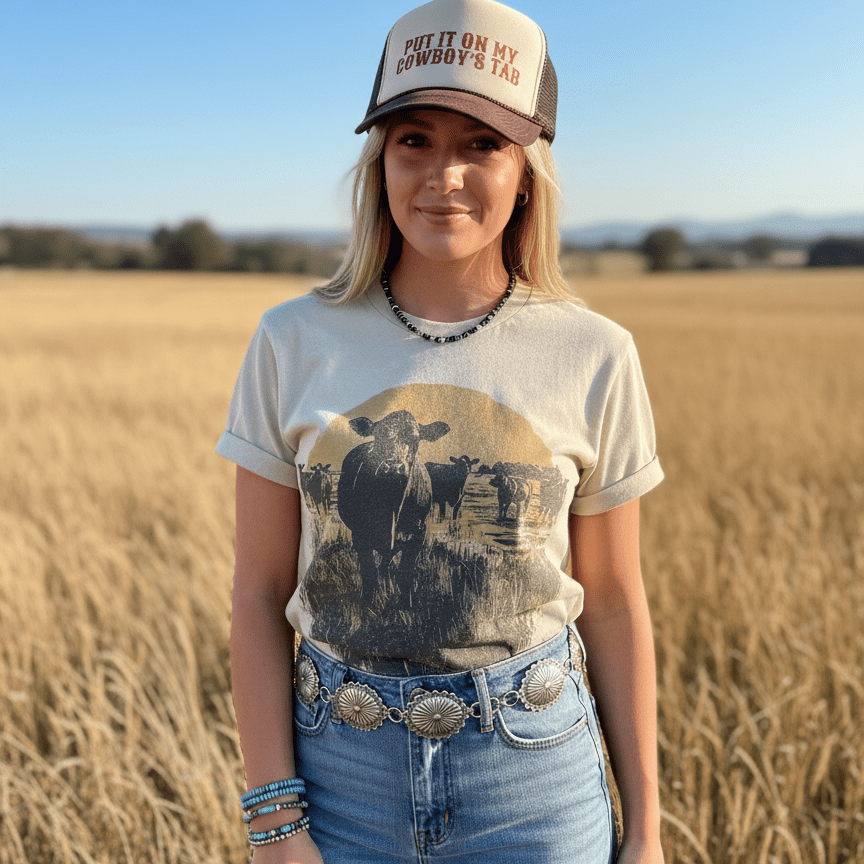 Wild Junkie Pasture Sunset Graphic Tee featuring a vibrant sunset and pasture scene on a casual men's t-shirt.