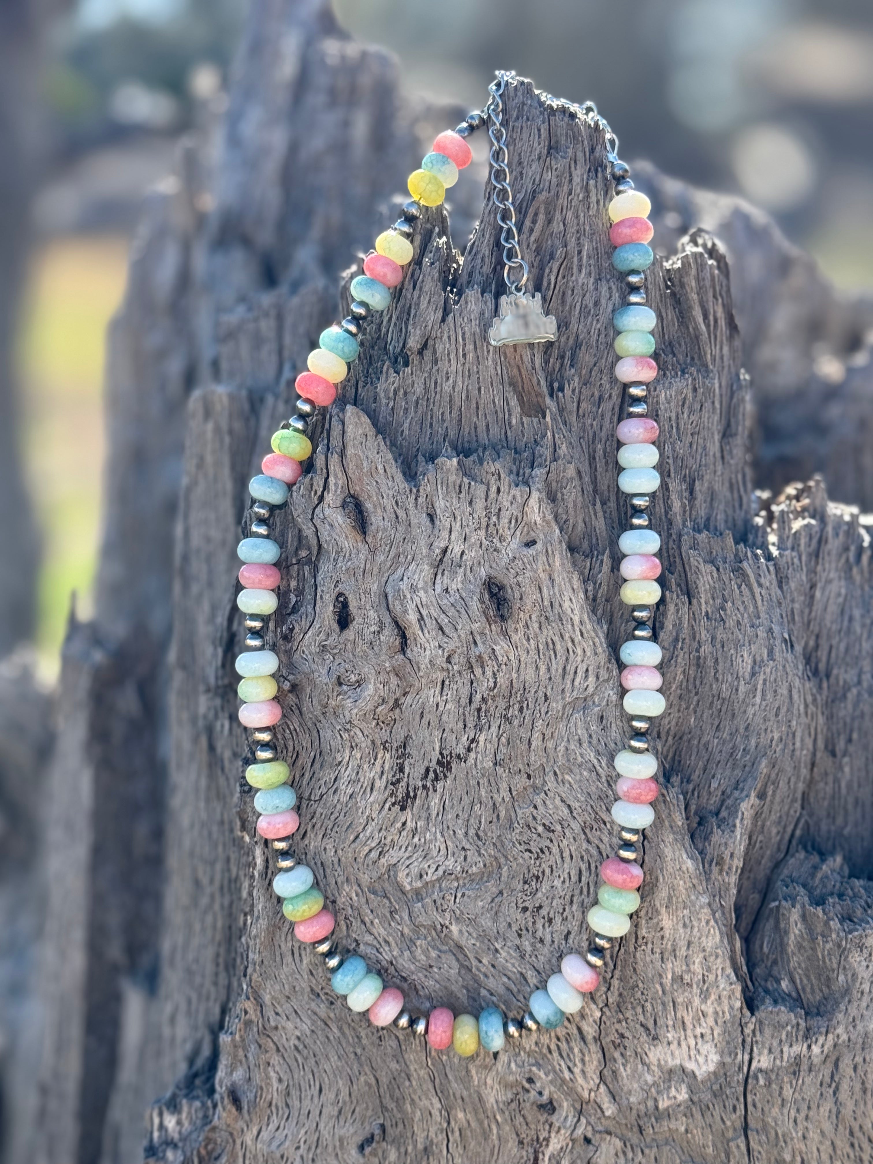 Sterling silver beaded choker necklace with pastel opal beads, stylish jewelry by Wild Junkie.