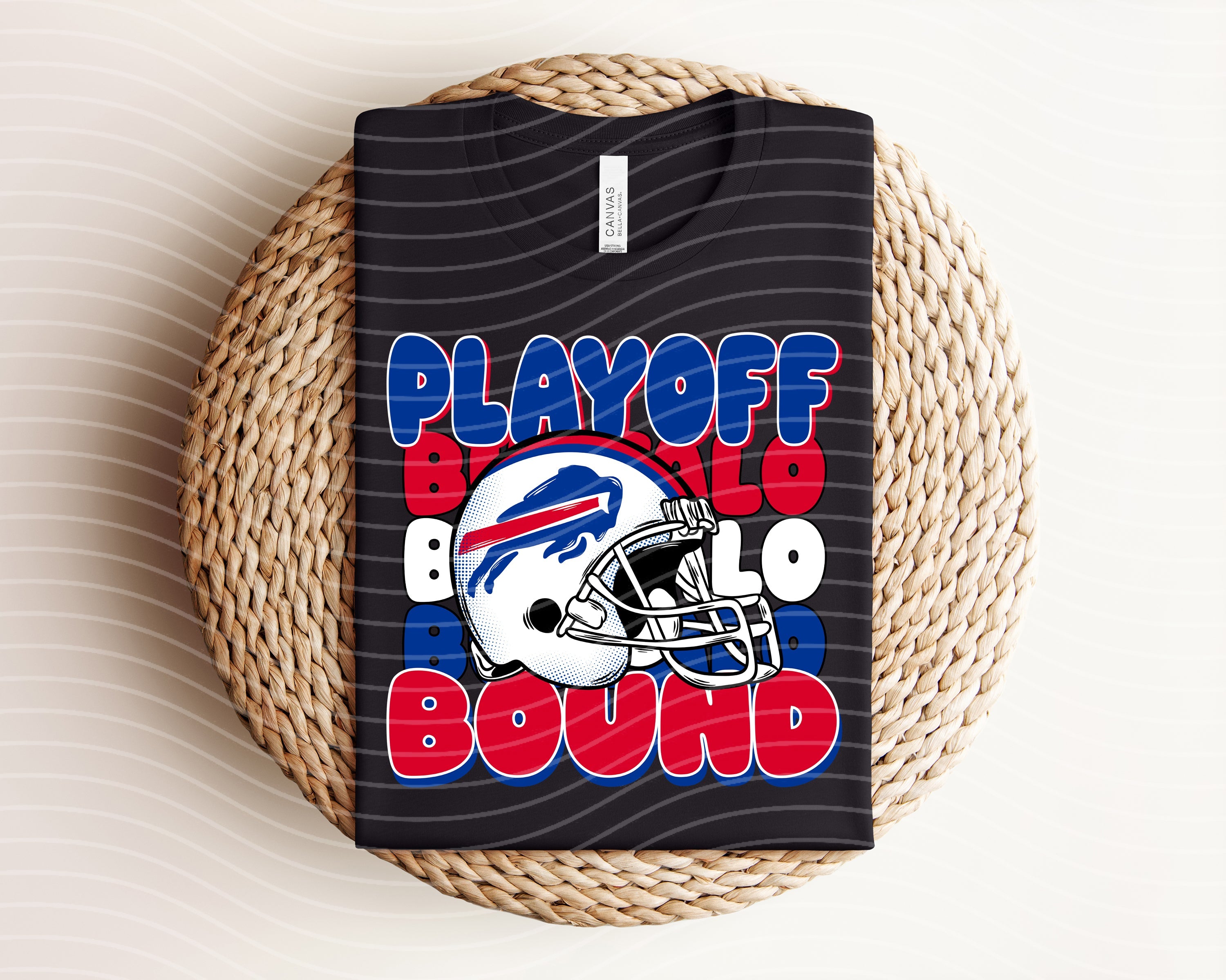 Playoff Bound Bills graphic tee in white with blue and red Bills logo and text, casual cotton T-shirt by Anchored Grace Boutique.