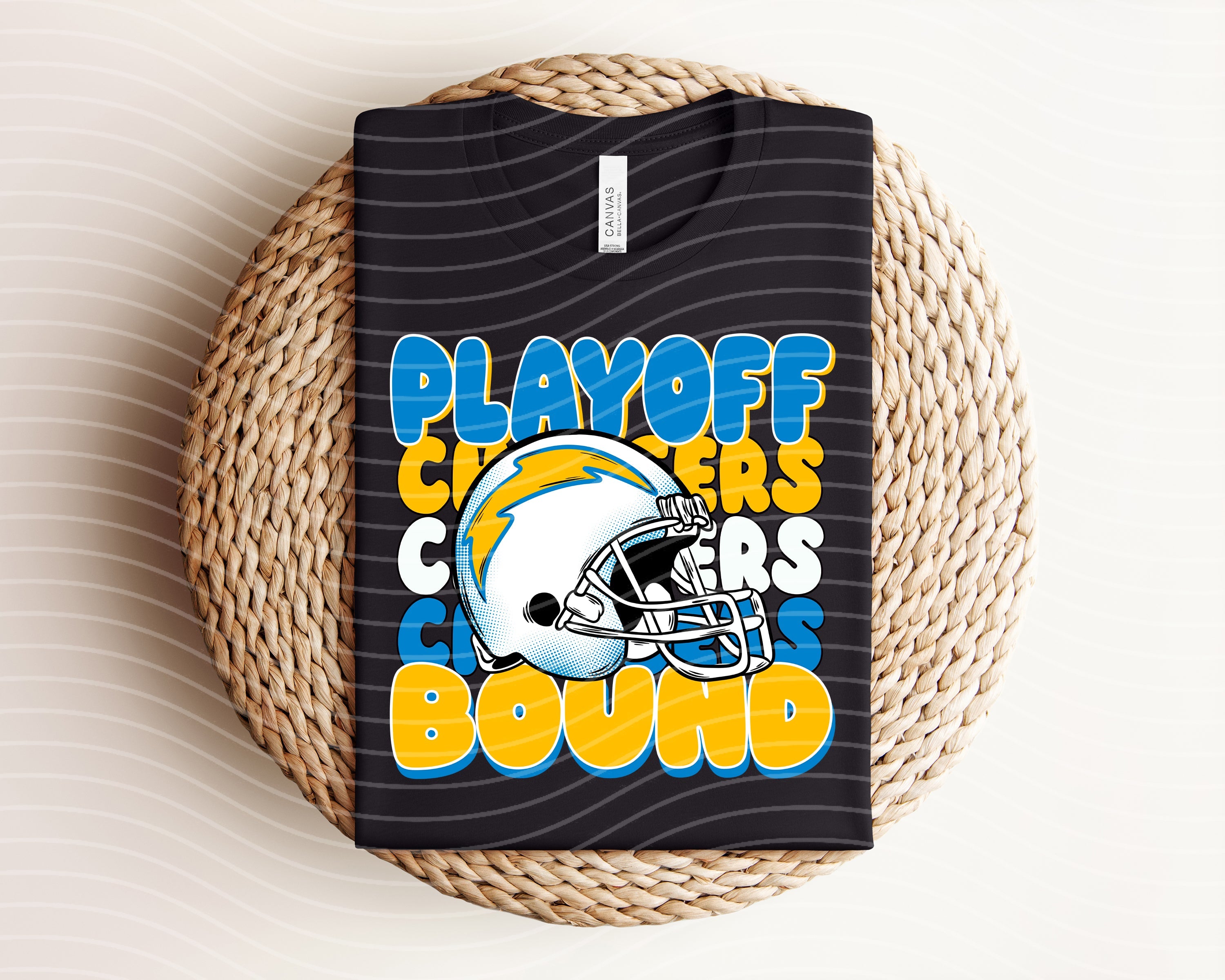 Playoff Bound Chargers graphic tee by Anchored Grace Boutique featuring team logo and vibrant design for football fans.