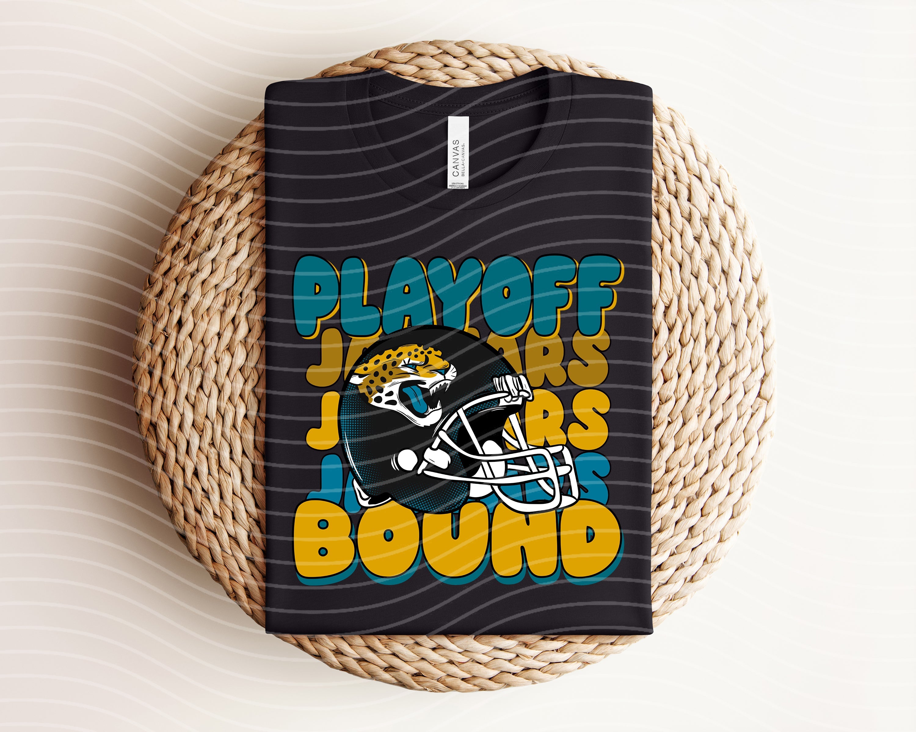 Playoff Bound Jaguars graphic tee in black fabric with vibrant team logo and text, casual apparel from Anchored Grace Boutique.