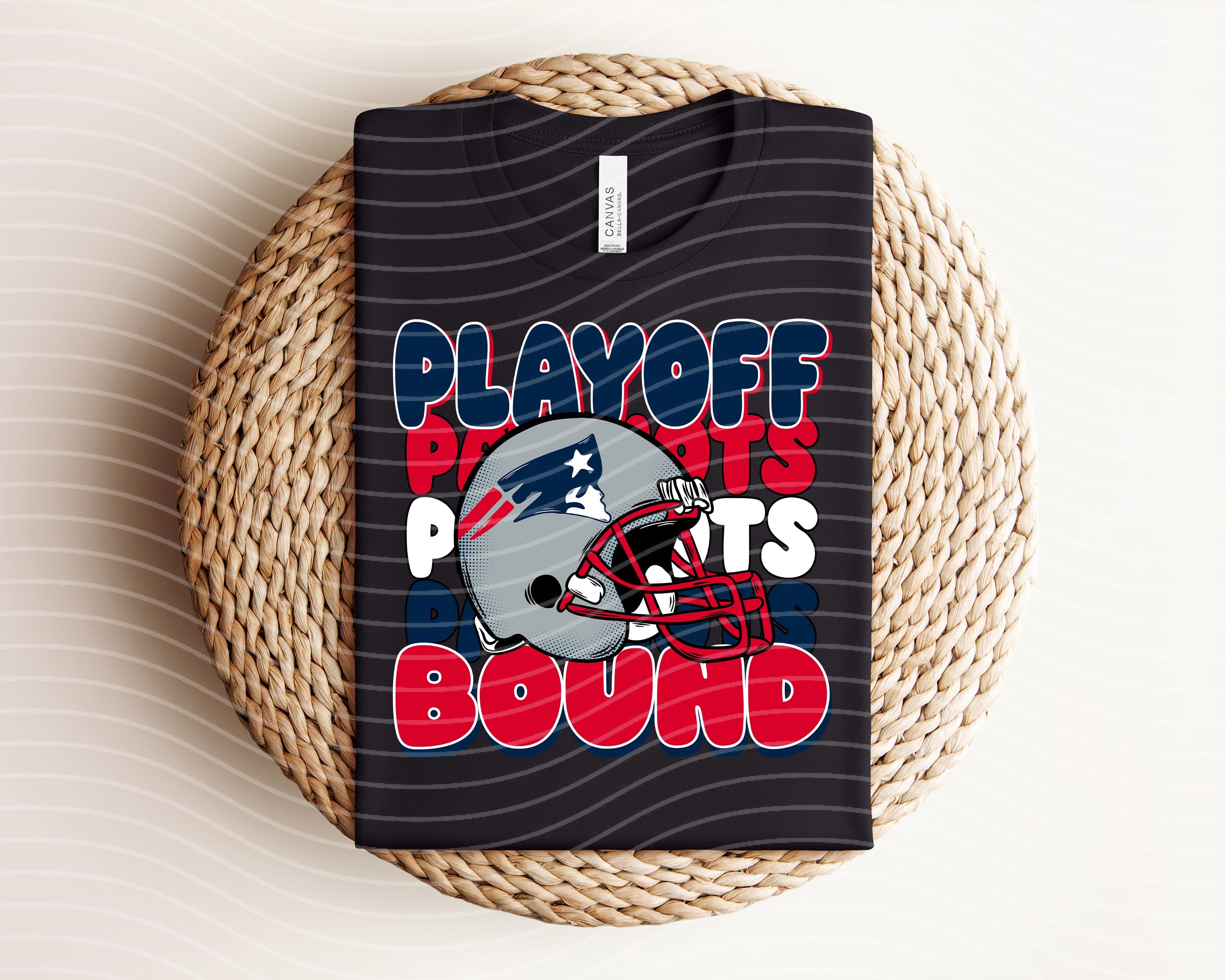 Playoff Bound Patriots graphic tee by Anchored Grace Boutique, featuring team logo and bold playoff design on a casual tee.