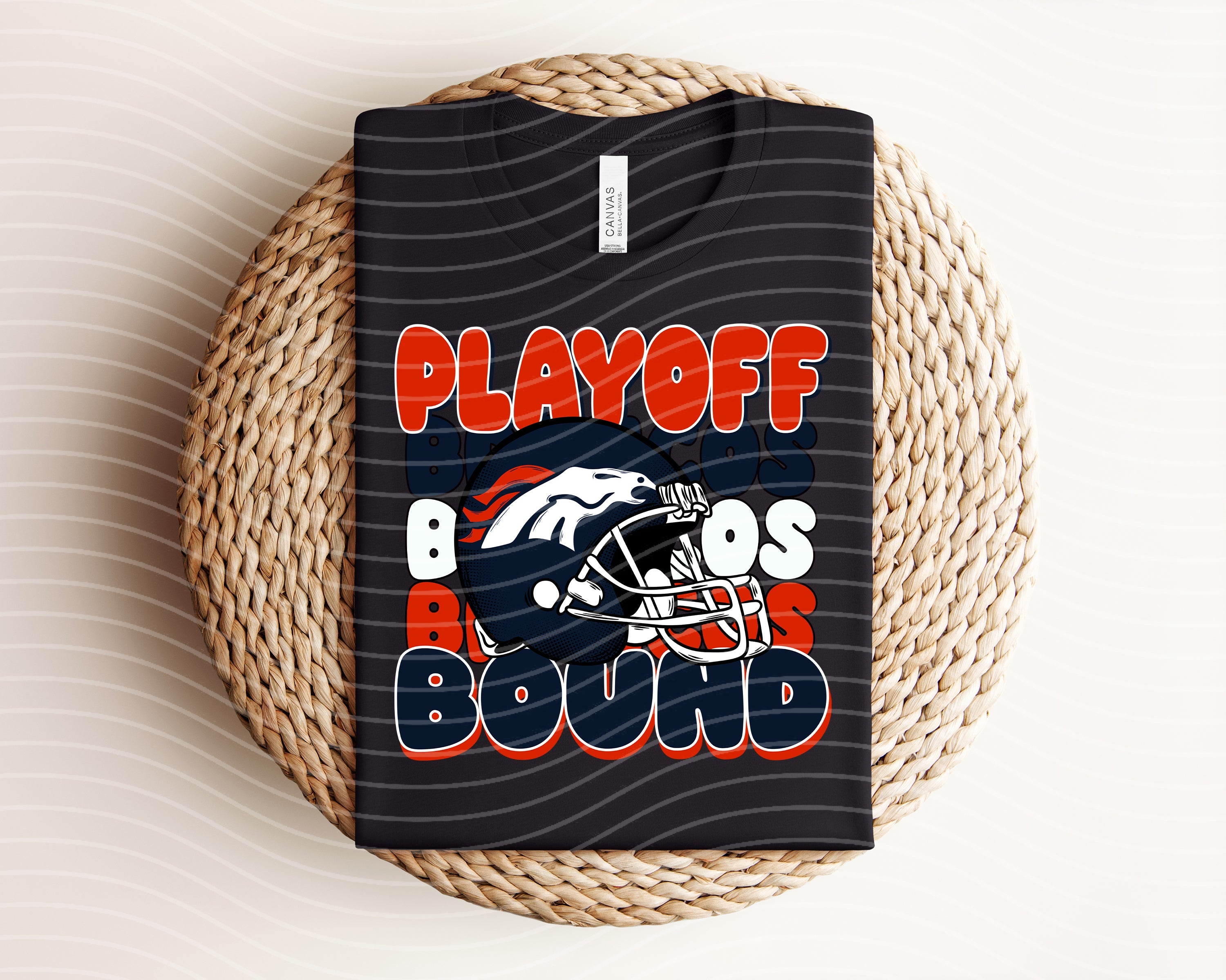 Broncos graphic tee by Anchored Grace Boutique featuring playoff bound design, casual men's or women's T-shirt with team logo and vibrant colors.