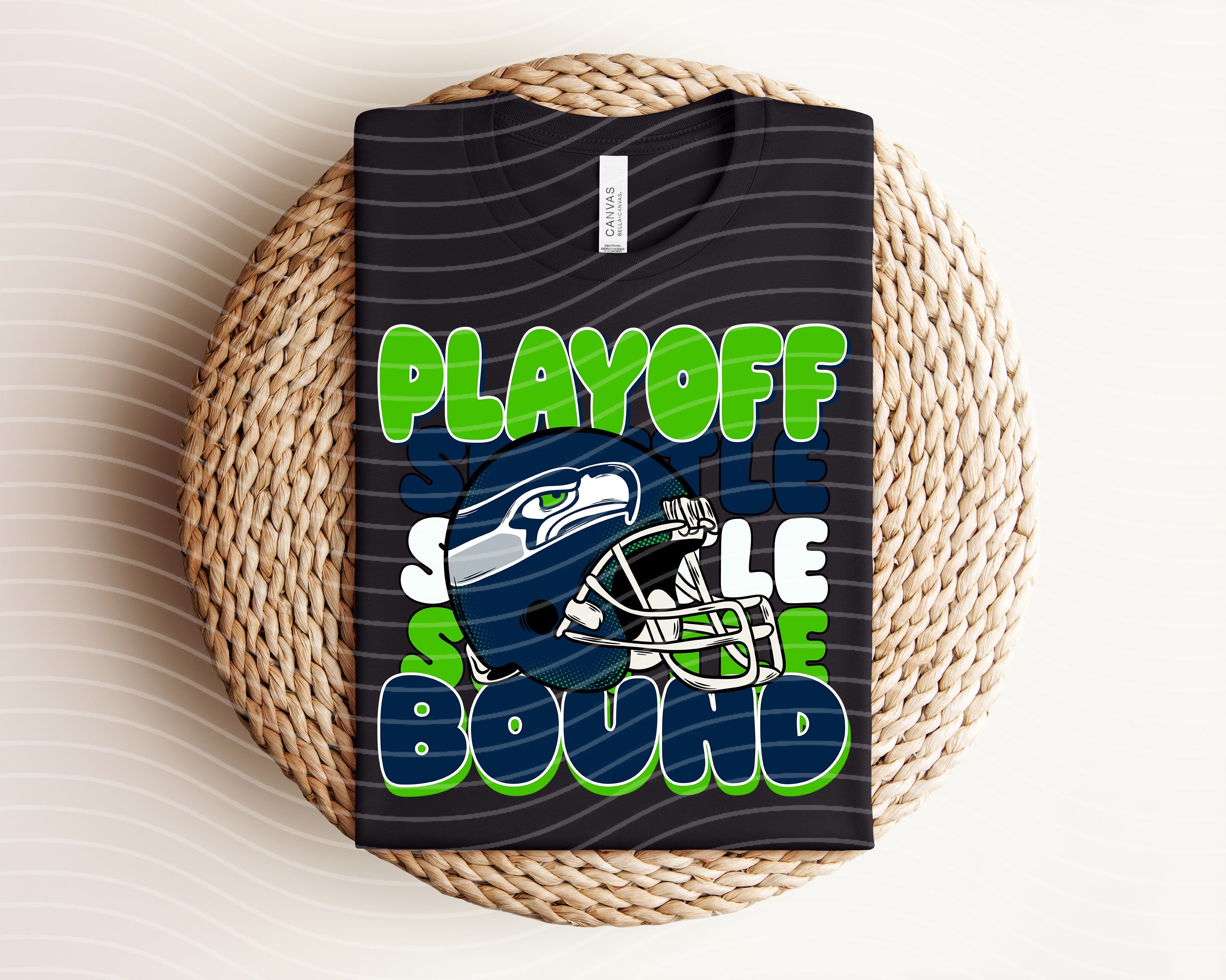 Seahawks graphic tee featuring playoff design, casual cotton t-shirt from Anchored Grace Boutique, perfect for football fans.