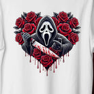 Black Scream Roses graphic tee by Anchored Grace Boutique featuring bold red roses and intricate skull design on soft cotton fabric.