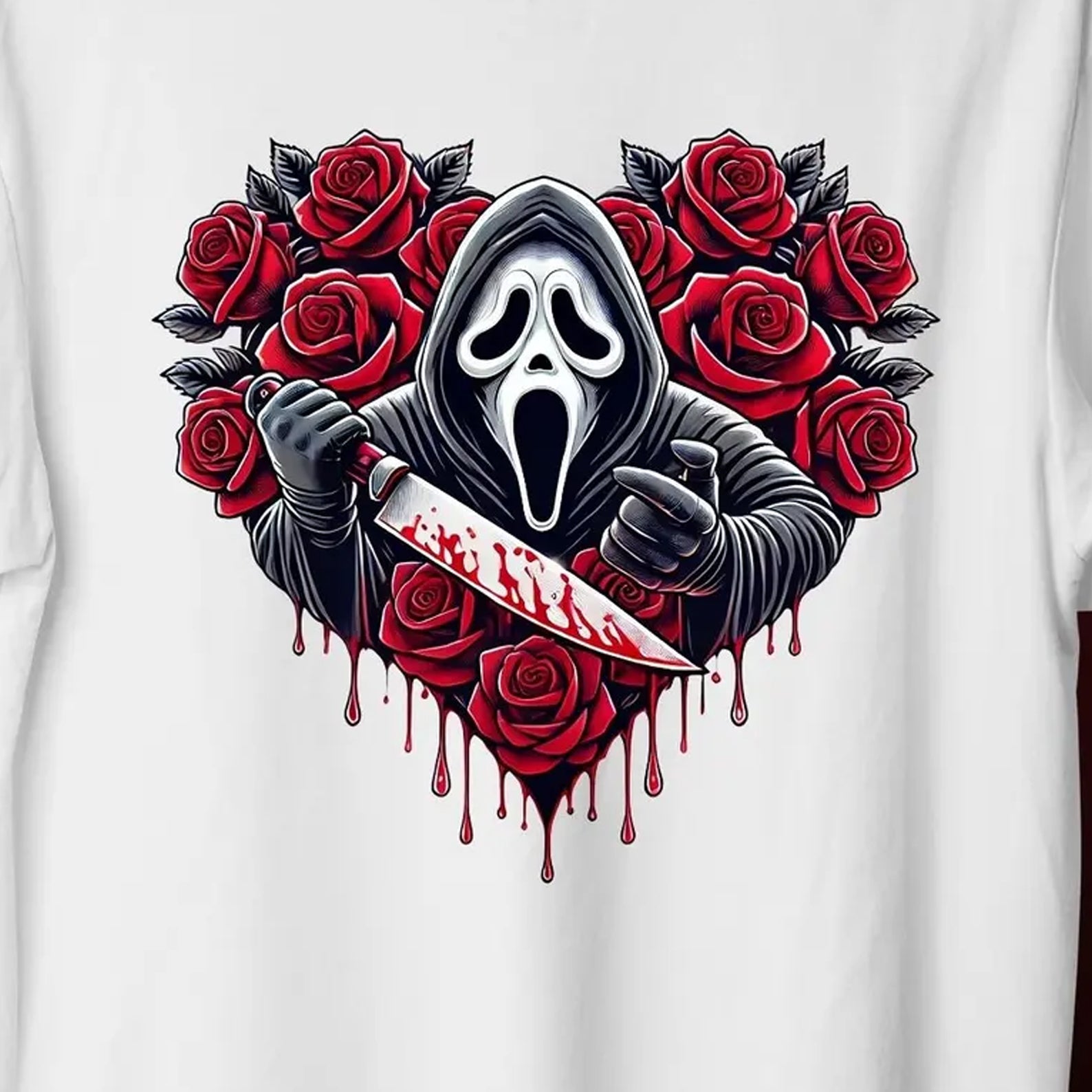 Black Scream Roses graphic tee by Anchored Grace Boutique featuring bold red roses and intricate skull design on soft cotton fabric.