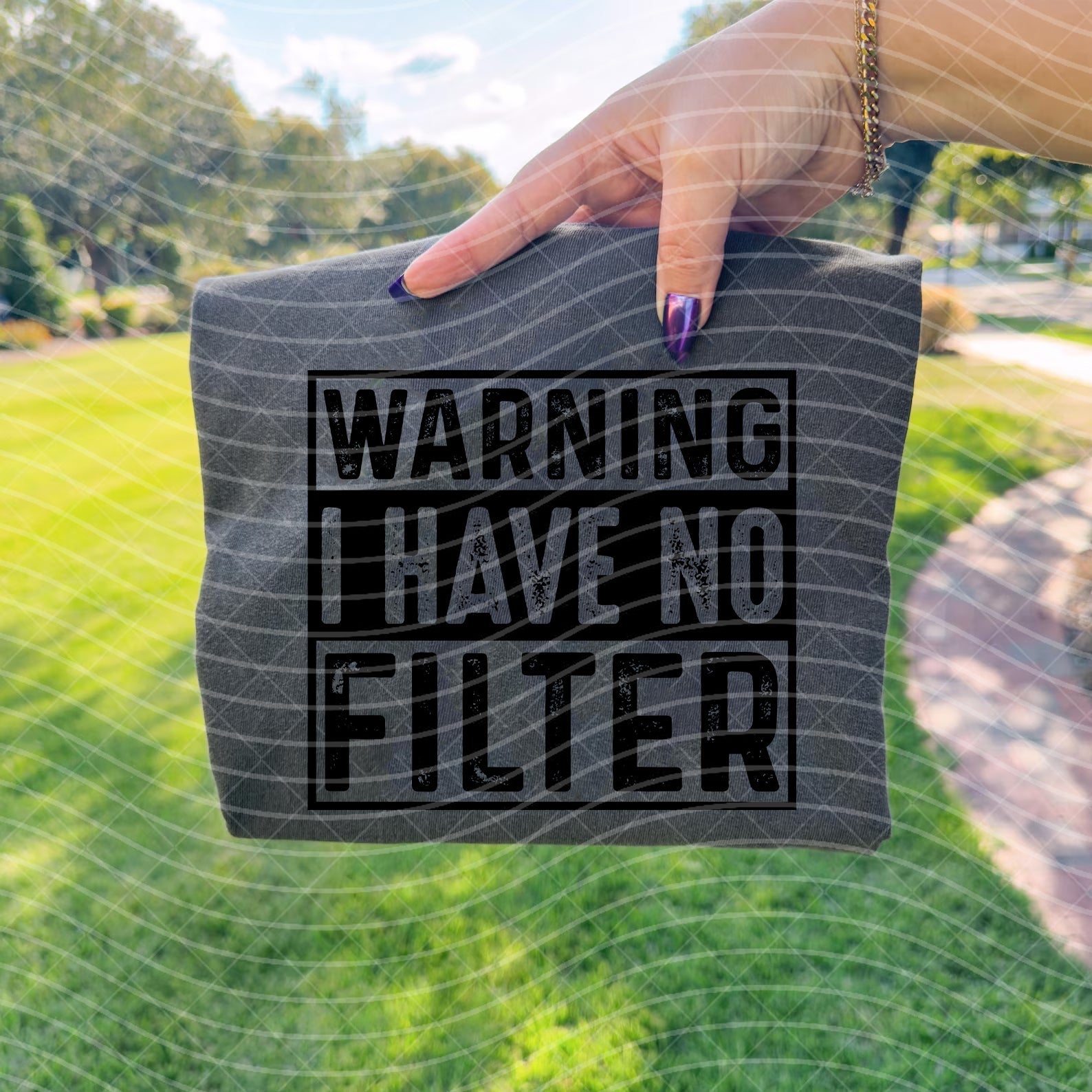 Black graphic tee shirt with "Warning I Have No Filter" text from Anchored Grace Boutique, casual apparel for expressive style.