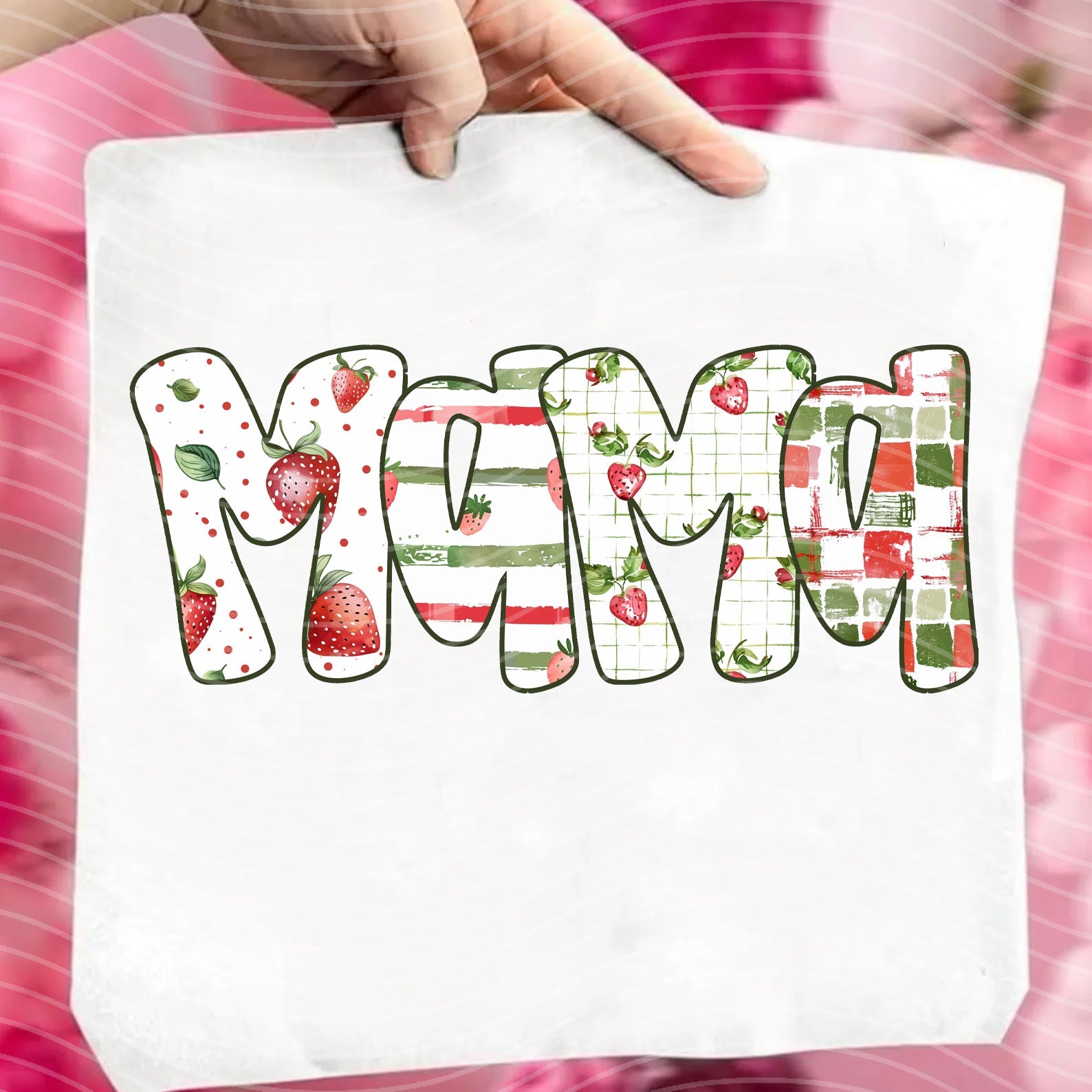 Mama Strawberries graphic tee by Anchored Grace Boutique, soft cotton t-shirt with colorful strawberry graphic and "Mama Strawberries" text.
