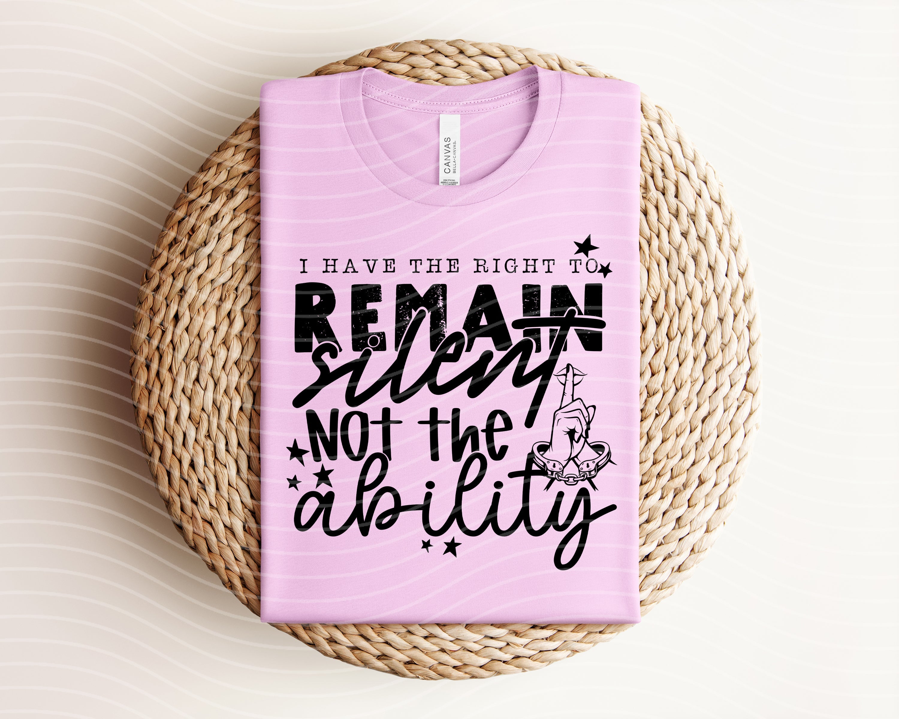 Black graphic tee from Anchored Grace Boutique with "I Have the Right to Remain Silent" slogan, casual and stylish.