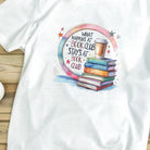 Black graphic tee from Anchored Grace Boutique with "What Happens at Book Club Stays at Book Club" text in white lettering.