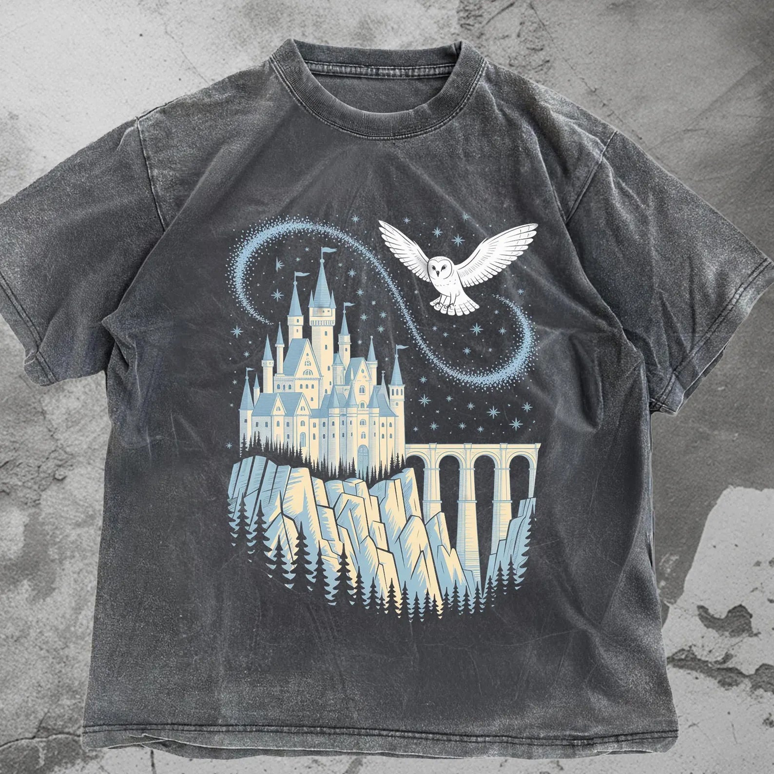 Anchored Grace Boutique Hedwig & Castle graphic tee featuring a colorful Harry Potter-inspired design on a casual t-shirt.