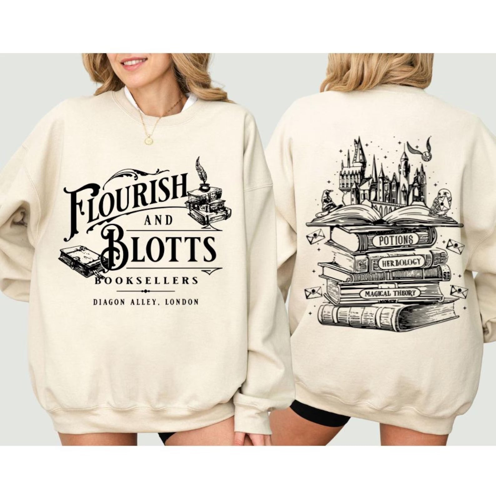 Anchored Grace Boutique Flourish and Blotts graphic tee featuring Harry Potter-themed design on a casual black t-shirt.
