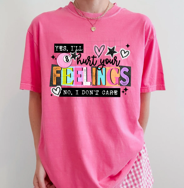 Black graphic tee with bold white text saying "I'll Hurt Your Feelings" from Anchored Grace Boutique, displayed flat.