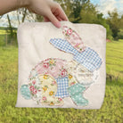 Patchwork Bunny graphic tee by Anchored Grace Boutique, featuring a colorful bunny design on a casual cotton t-shirt.