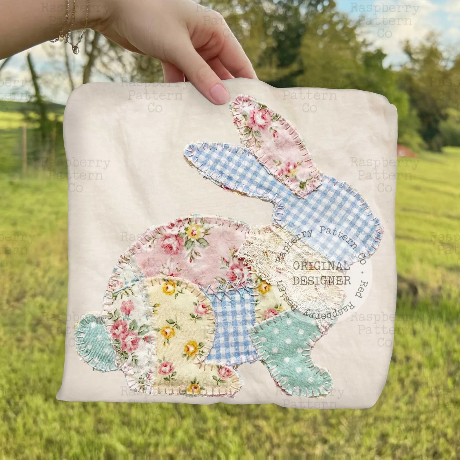 Patchwork Bunny graphic tee by Anchored Grace Boutique, featuring a colorful bunny design on a casual cotton t-shirt.
