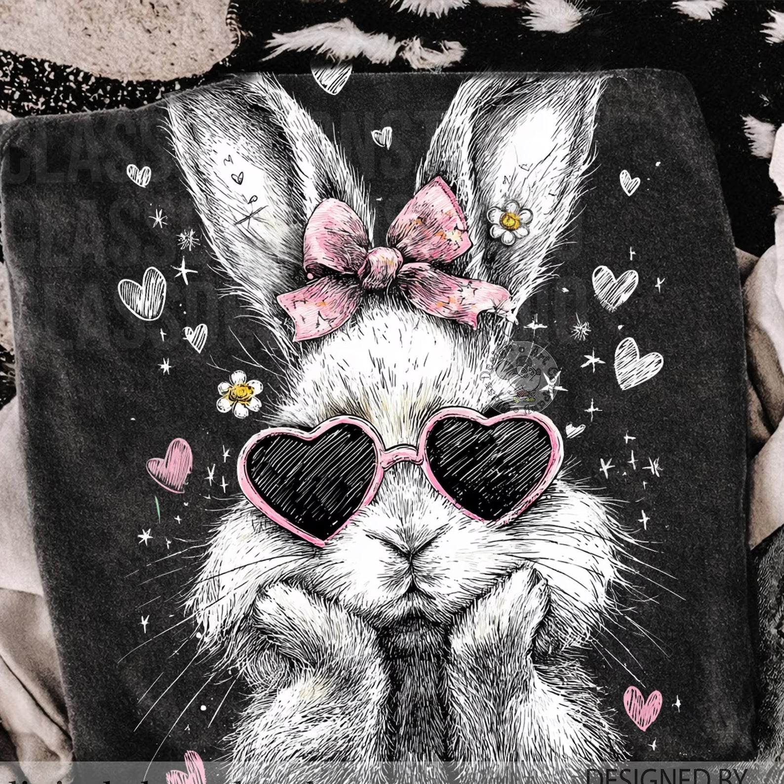 Black and white bunny graphic tee from Anchored Grace Boutique featuring a cute bunny illustration on a casual t-shirt.