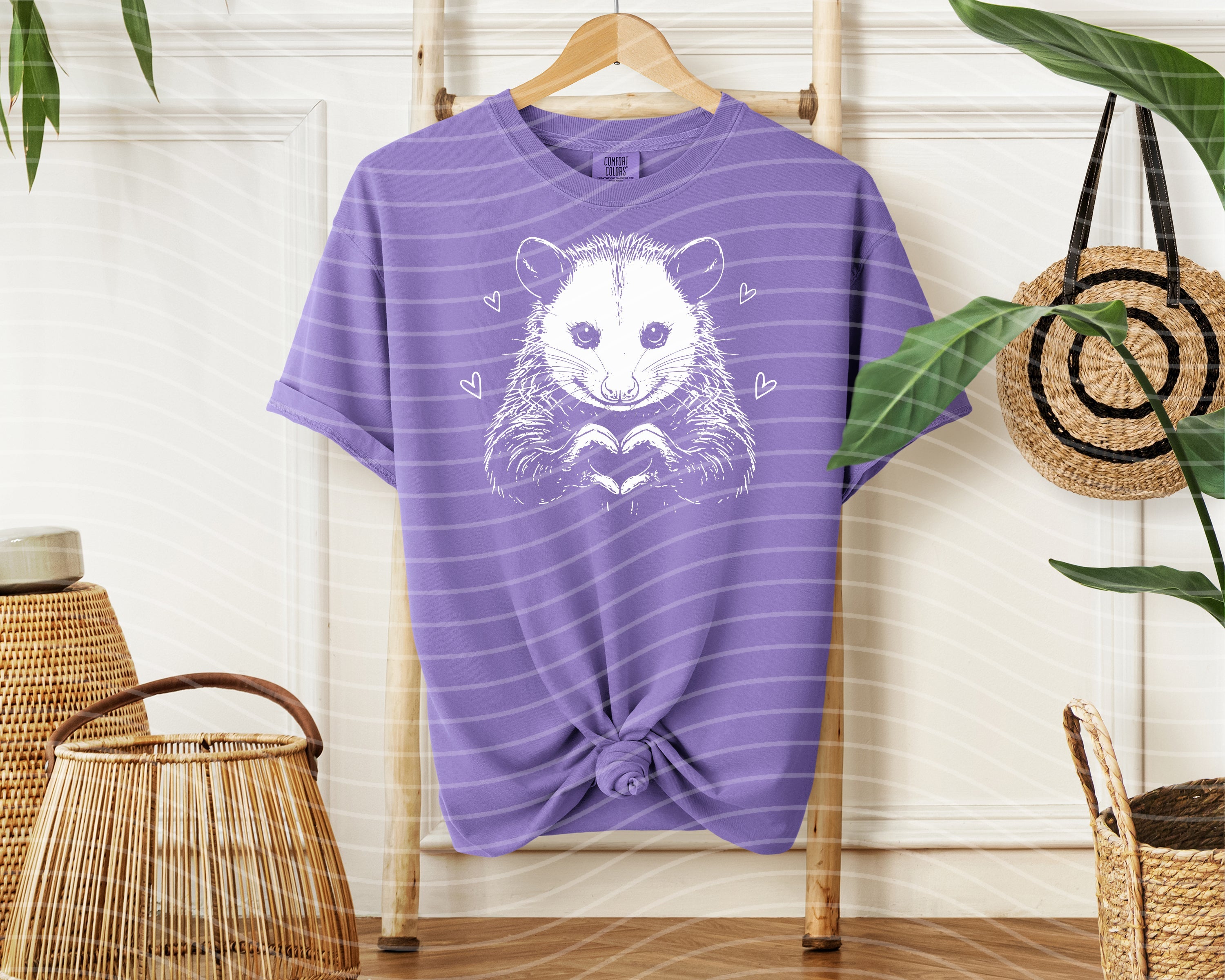 Black and white possum graphic tee, casual short-sleeve t-shirt with possum illustration, from Anchored Grace Boutique.