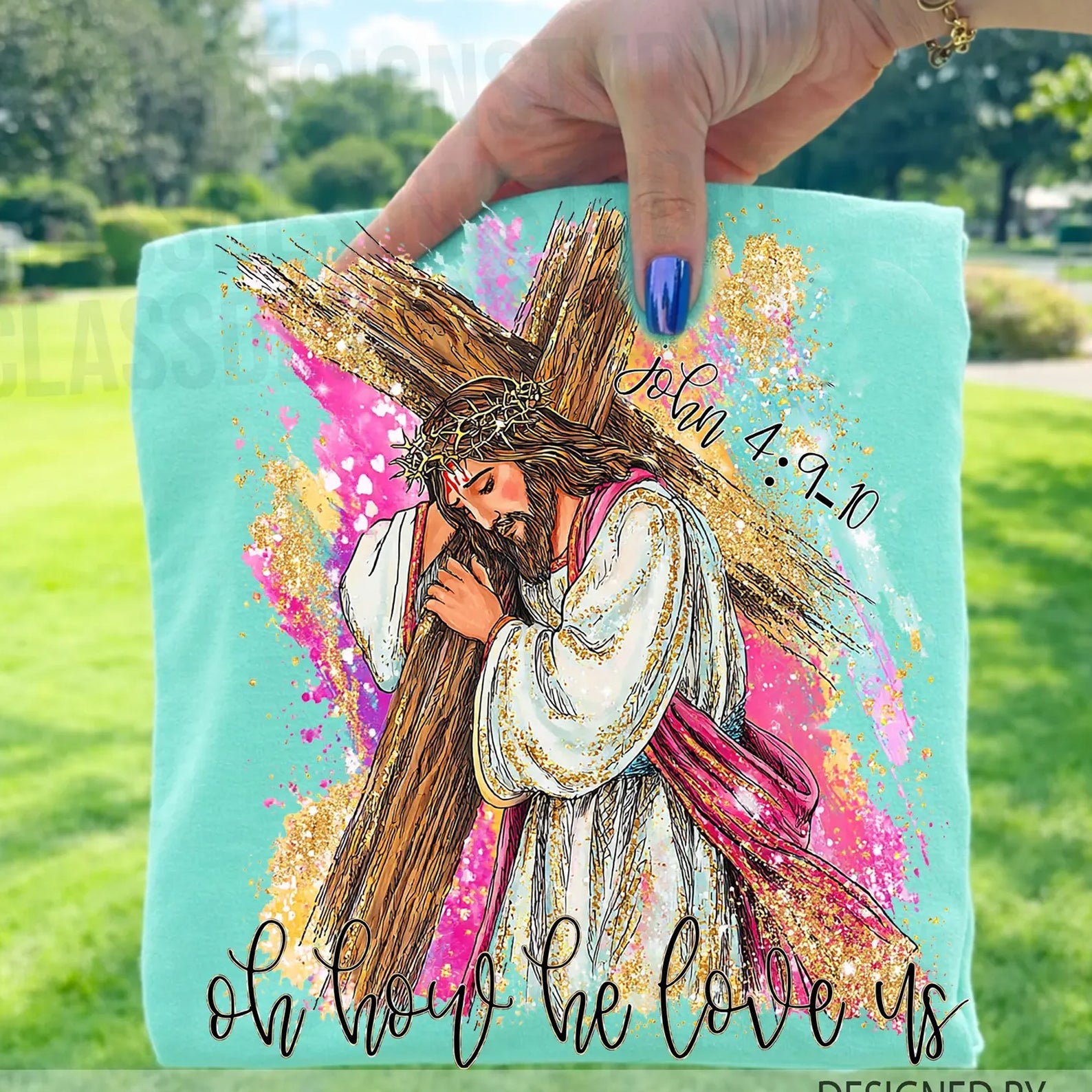 Black graphic tee from Anchored Grace Boutique with "Oh How He Loves Us" design, casual fit, and soft cotton fabric.