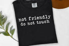 Black graphic tee from Anchored Grace Boutique with "Not Friendly Do Not Touch" slogan and bold white lettering.