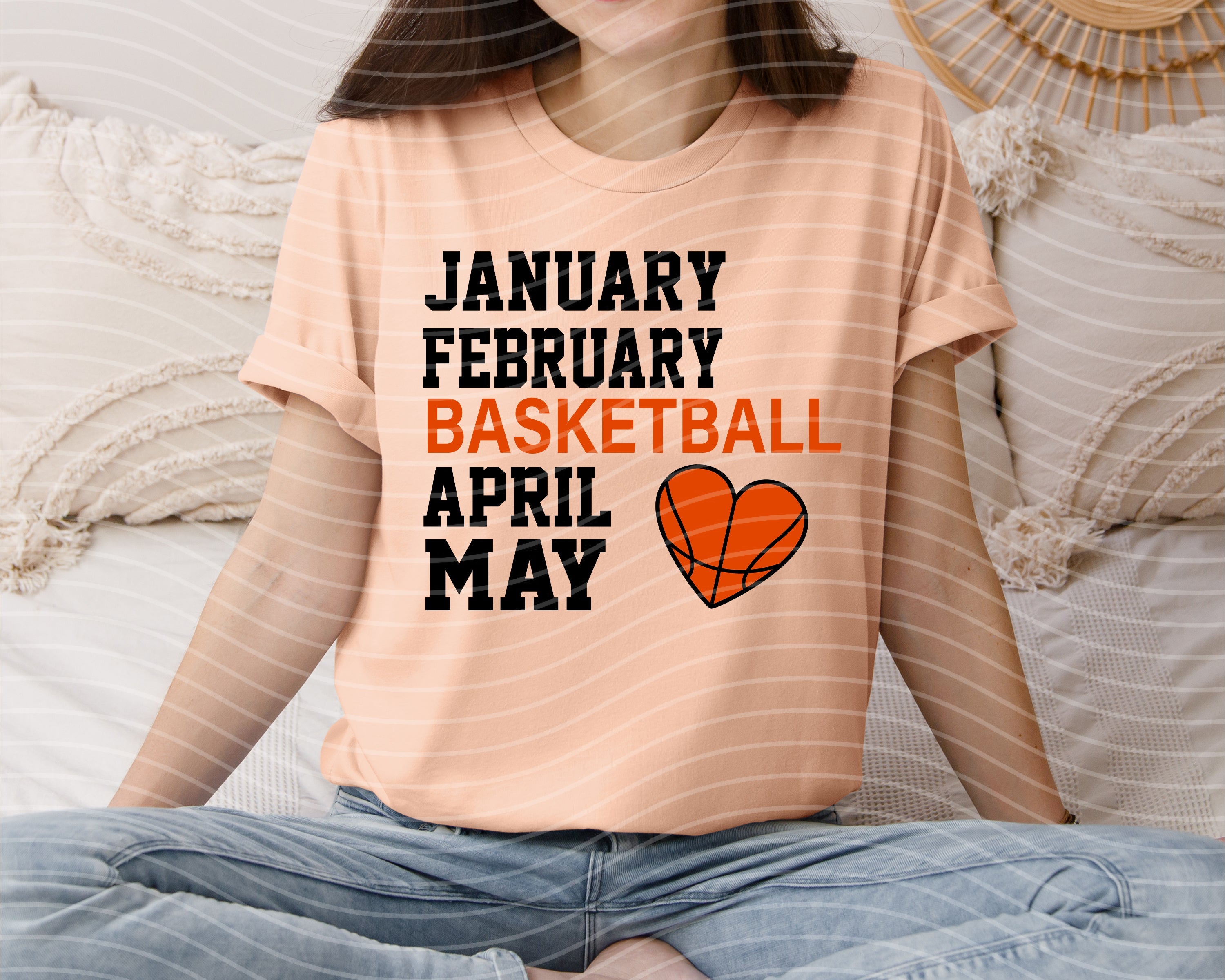 Graphic tee featuring January, February, April, and May basketball-themed designs by Anchored Grace Boutique.
