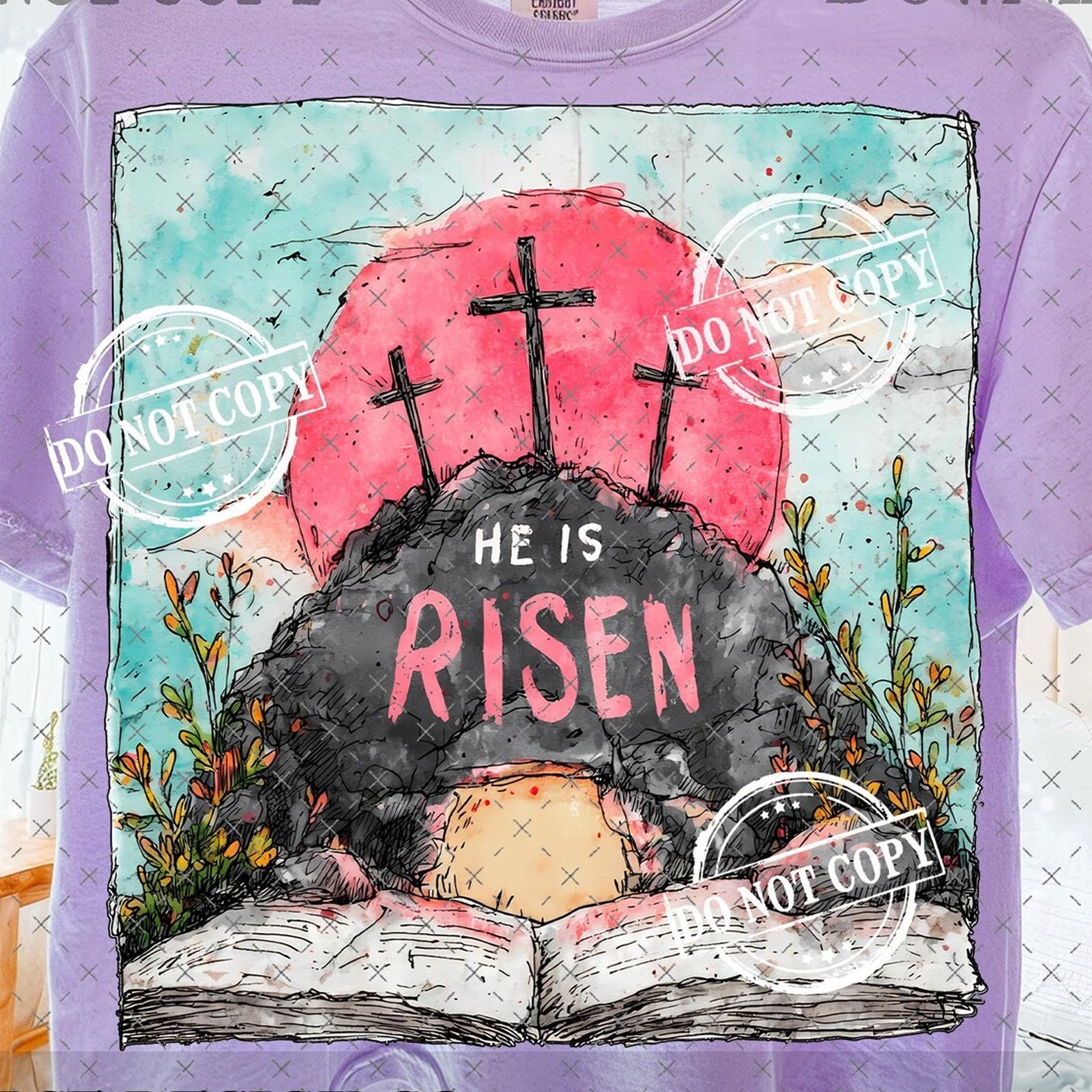 Black He is Risen graphic tee from Anchored Grace Boutique, featuring bold white text and a casual fit.