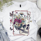 Floral skull graphic tee by Anchored Grace Boutique featuring vibrant flower and skull design on a casual cotton tee.