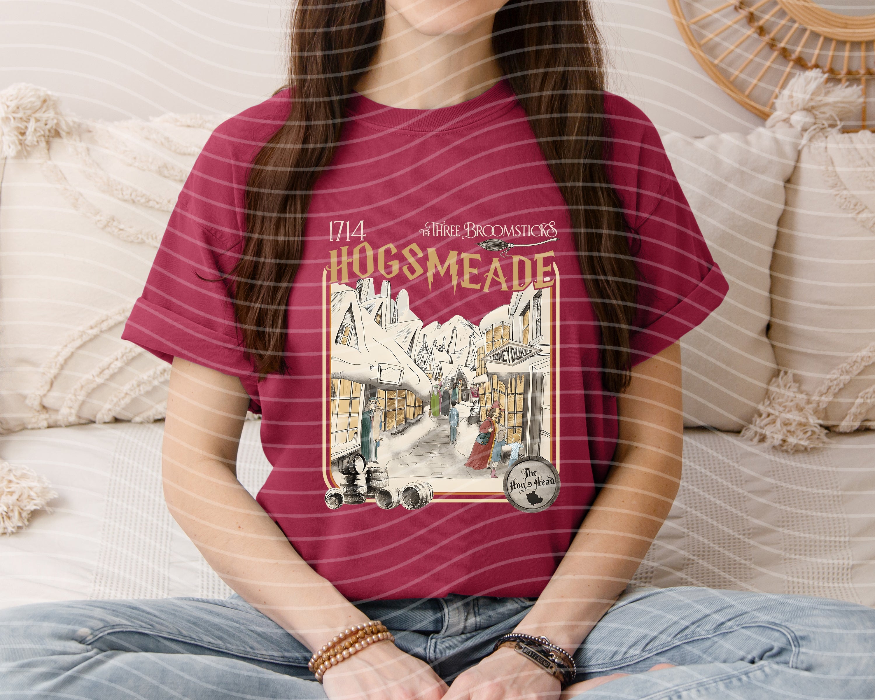 Hogsmeade graphic tee by Anchored Grace Boutique featuring a detailed illustrated design on soft fabric.