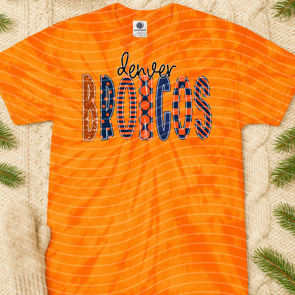 Broncos mixed font graphic tee by Anchored Grace Boutique featuring bold team logo and vibrant design on soft cotton fabric.