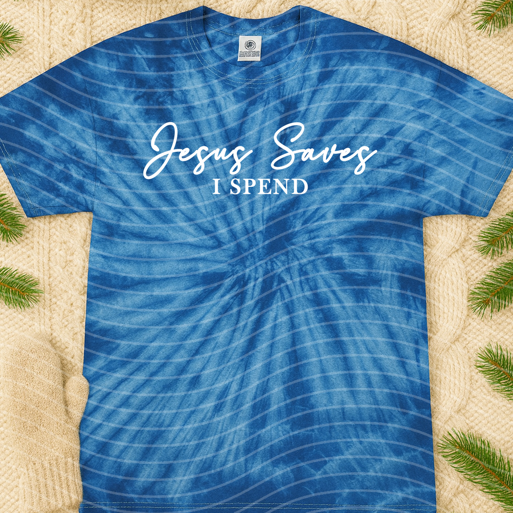 Black Jesus Saves I Spend graphic tee from Anchored Grace Boutique featuring bold white text on the front.
