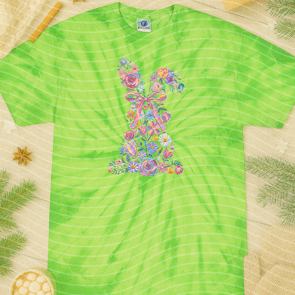 Floral bunny graphic tee from Anchored Grace Boutique featuring a colorful bunny design on soft cotton fabric.