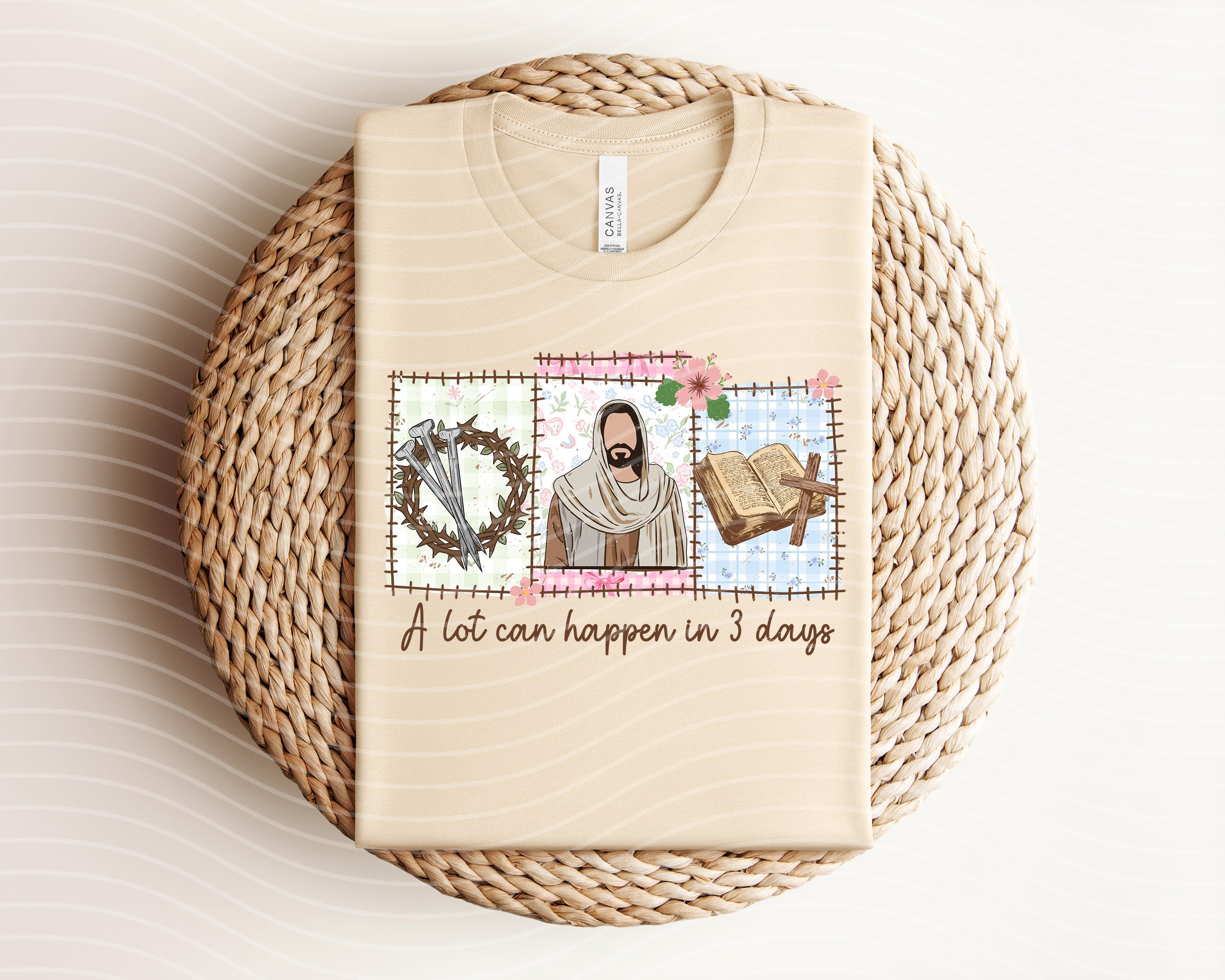 Gray graphic tee shirt from Anchored Grace Boutique with "A Lot Can Happen in 3 Days" slogan printed on front.