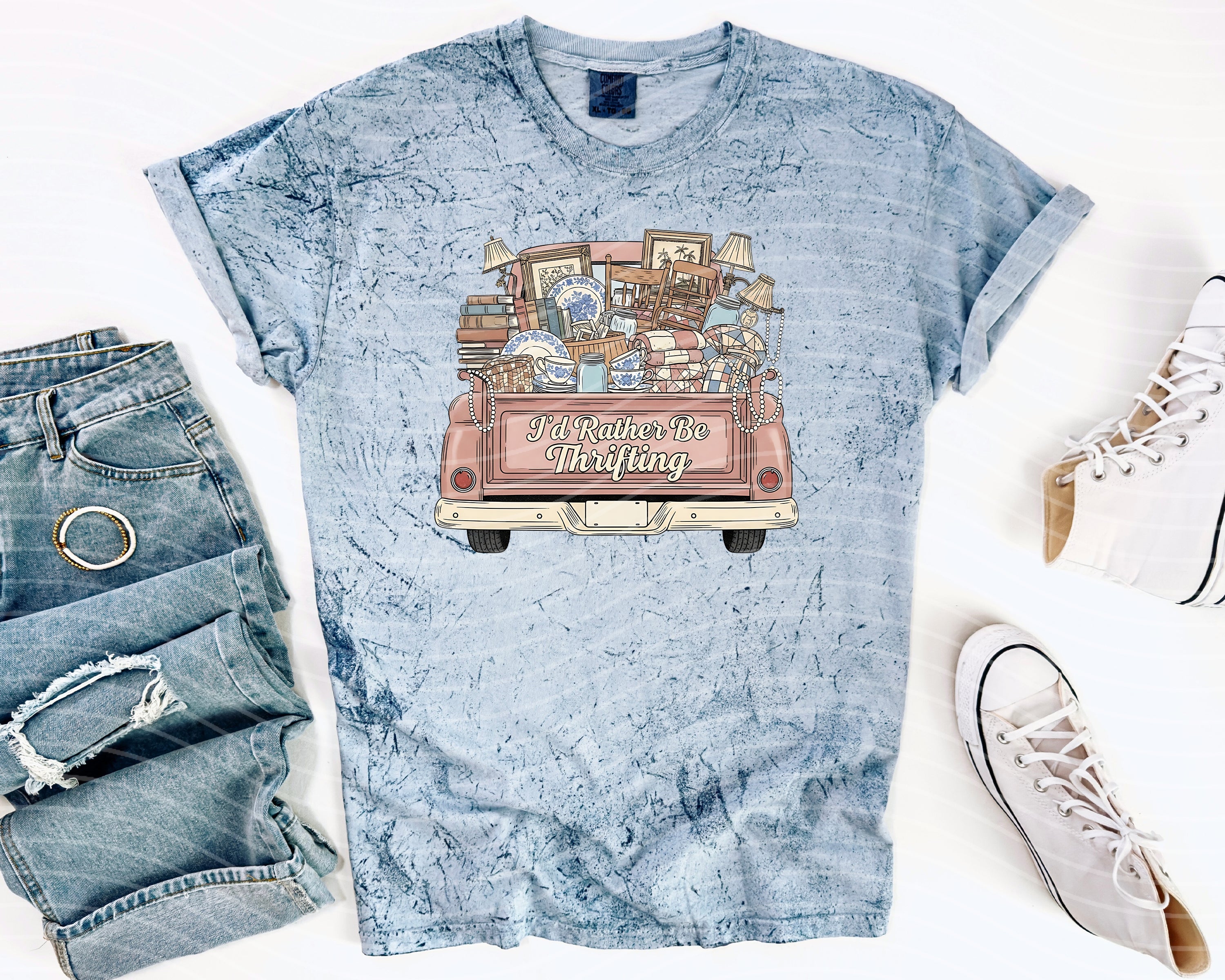 I'd Rather Be Thrifting graphic tee by Anchored Grace Boutique, casual t-shirt with fun thrift shopping print and design.