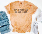 Black graphic tee by Anchored Grace Boutique featuring bold "Not Friendly Do Not Touch" text on the front.