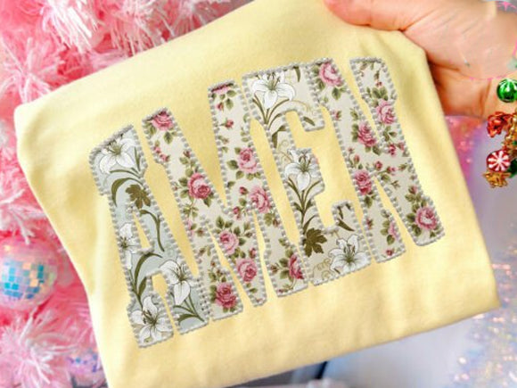 Amen Floral Graphic Tee by Anchored Grace Boutique featuring a colorful floral graphic on a casual cotton tee.