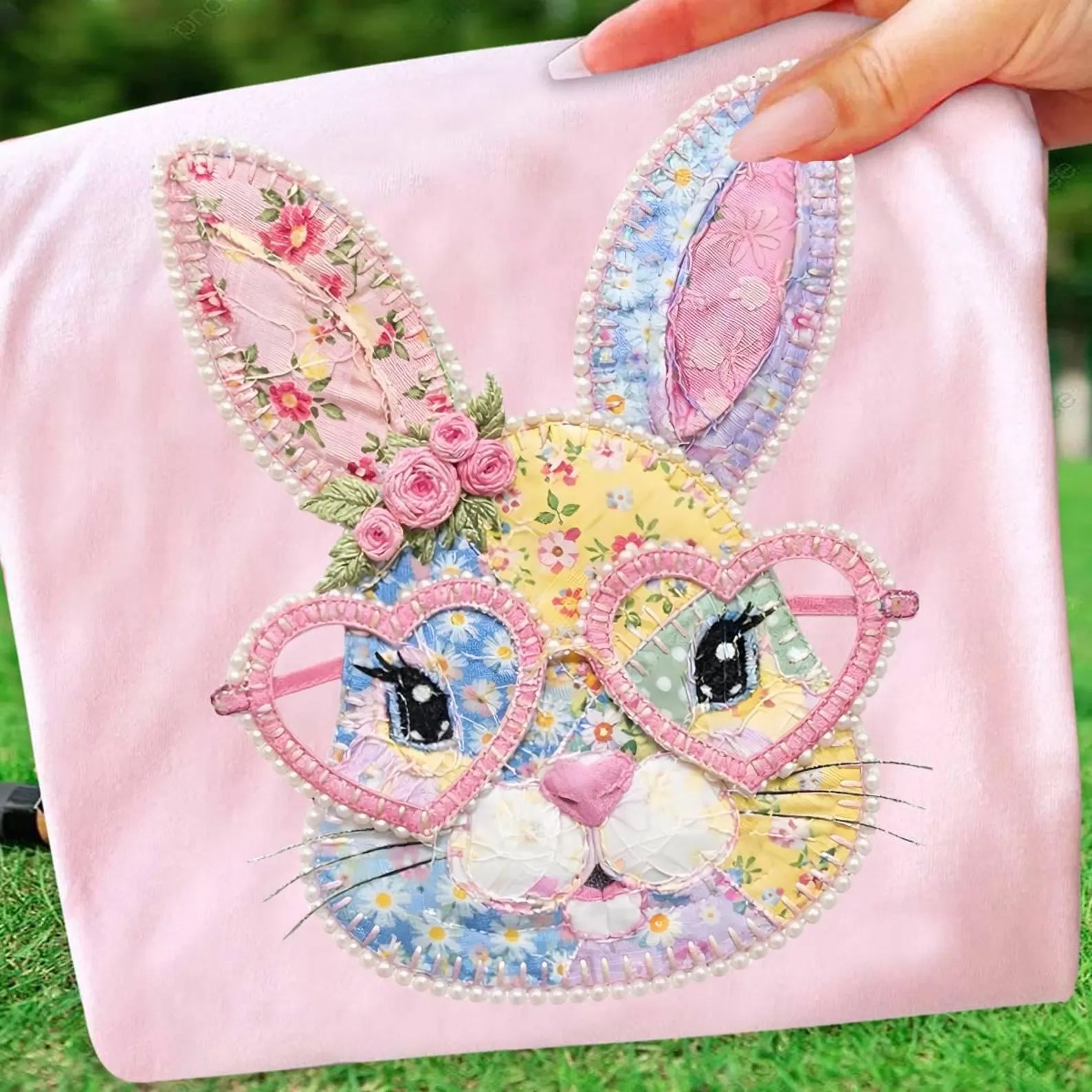 Patchwork bunny graphic tee from Anchored Grace Boutique featuring colorful patchwork design and playful bunny illustration.