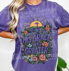 Black graphic tee from Anchored Grace Boutique featuring a heartfelt "My Sin Was Great His Love Was Greater" design.