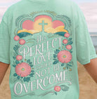 Gray graphic tee from Anchored Grace Boutique featuring the quote "His Perfect Love Could Not Be Overcome" in stylish lettering.