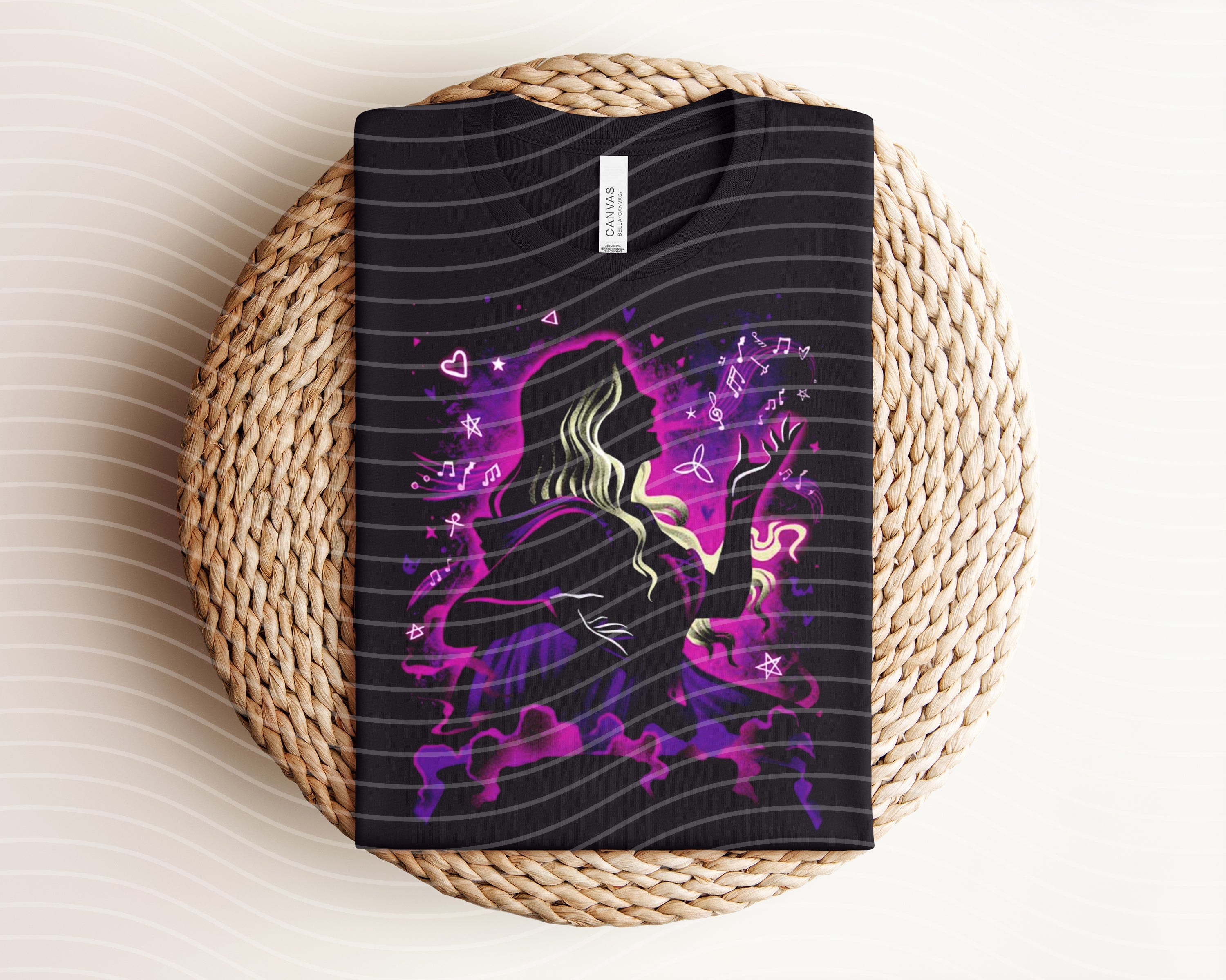 Sarah Dark Graphic Tee from Anchored Grace Boutique, close-up of black graphic t-shirt with bold design and soft fabric texture.